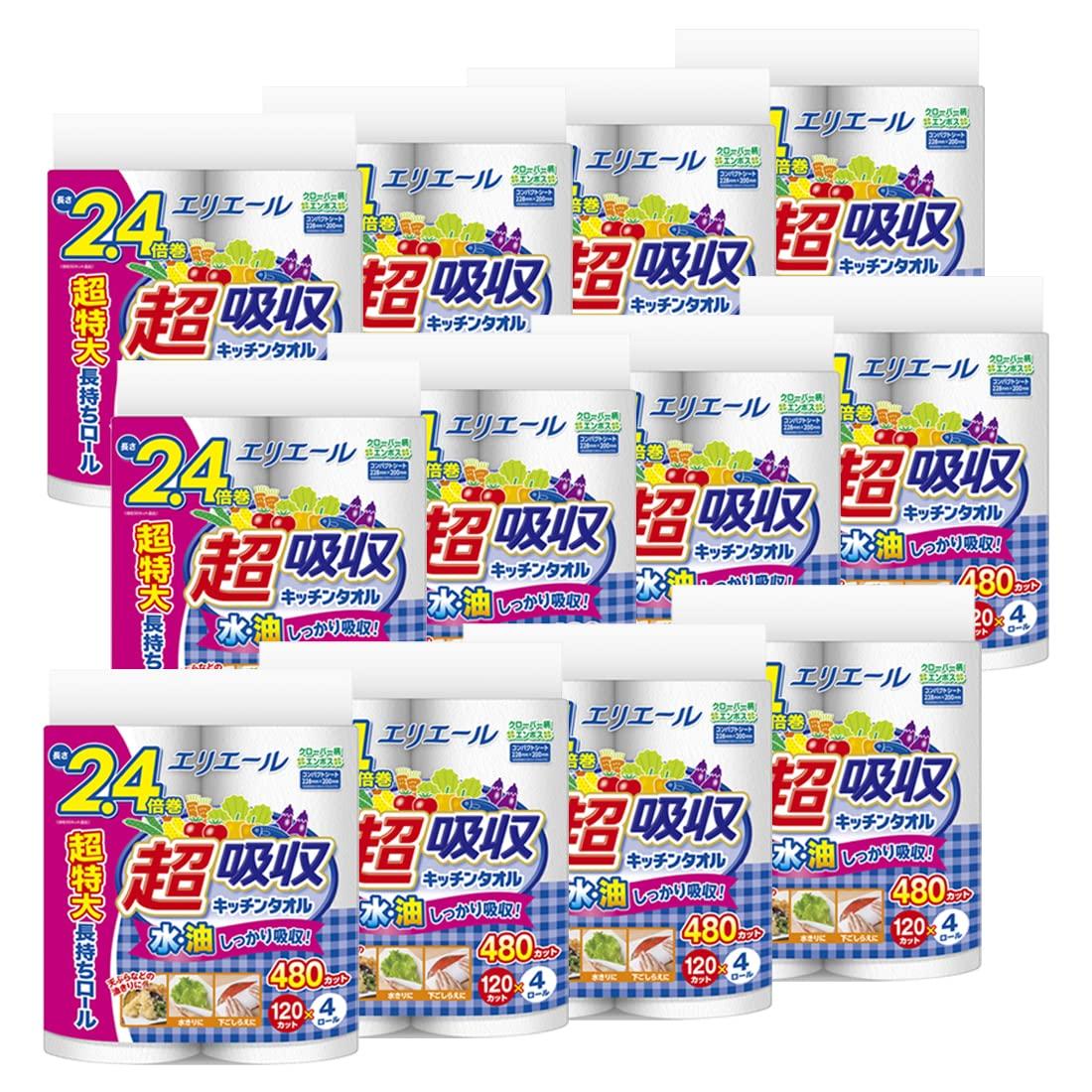 

Elleair Kitchen Paper Super Absorbent Kitchen Towel 120 cuts x 48 rolls (4 rolls x 12 packs) 2.4 times rolled [Case sold]