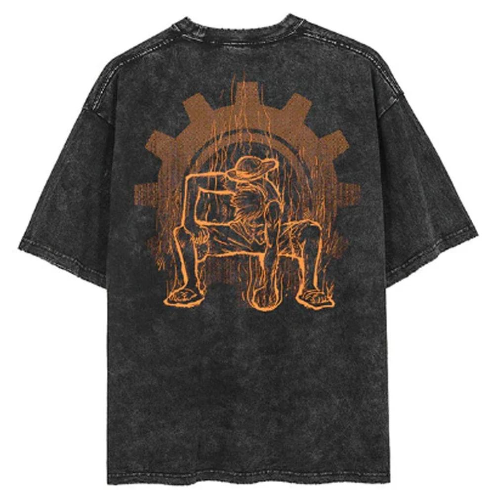 Ležérní prané Harajuku pánské tričko bavlna praná japonské anime One Piece grafické volné streetwear černé topy trička