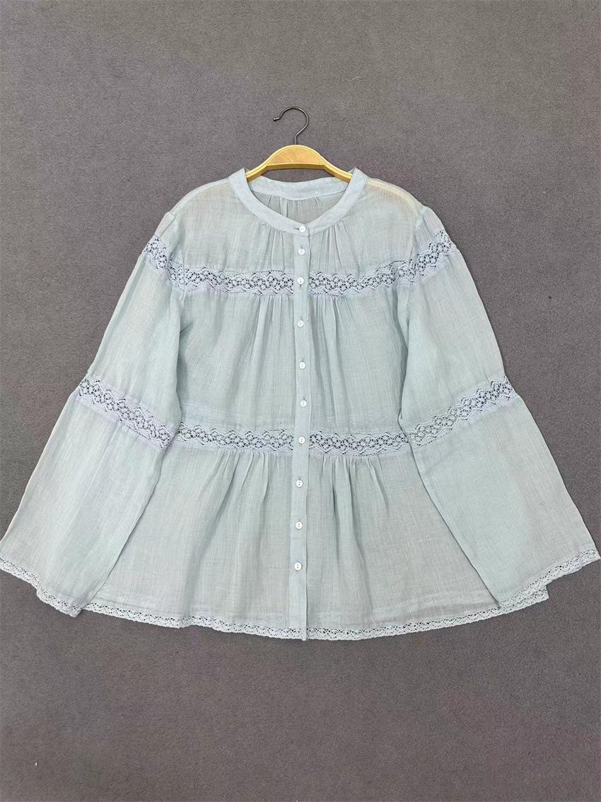 

Johnature Японские тонкие кружевные рубашки с длинными рукавами, осенние повседневные простые свободные повседневные топы для женщин One Size