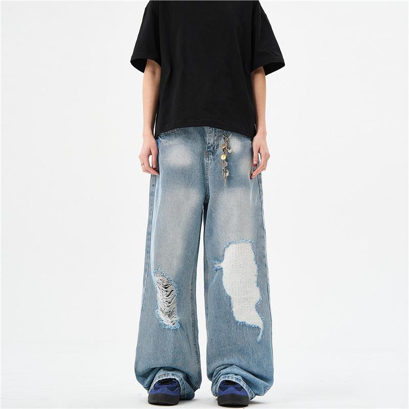American high street design blue ripped jeans men's and women's wide legs loose straight trendy brand washed couple pants