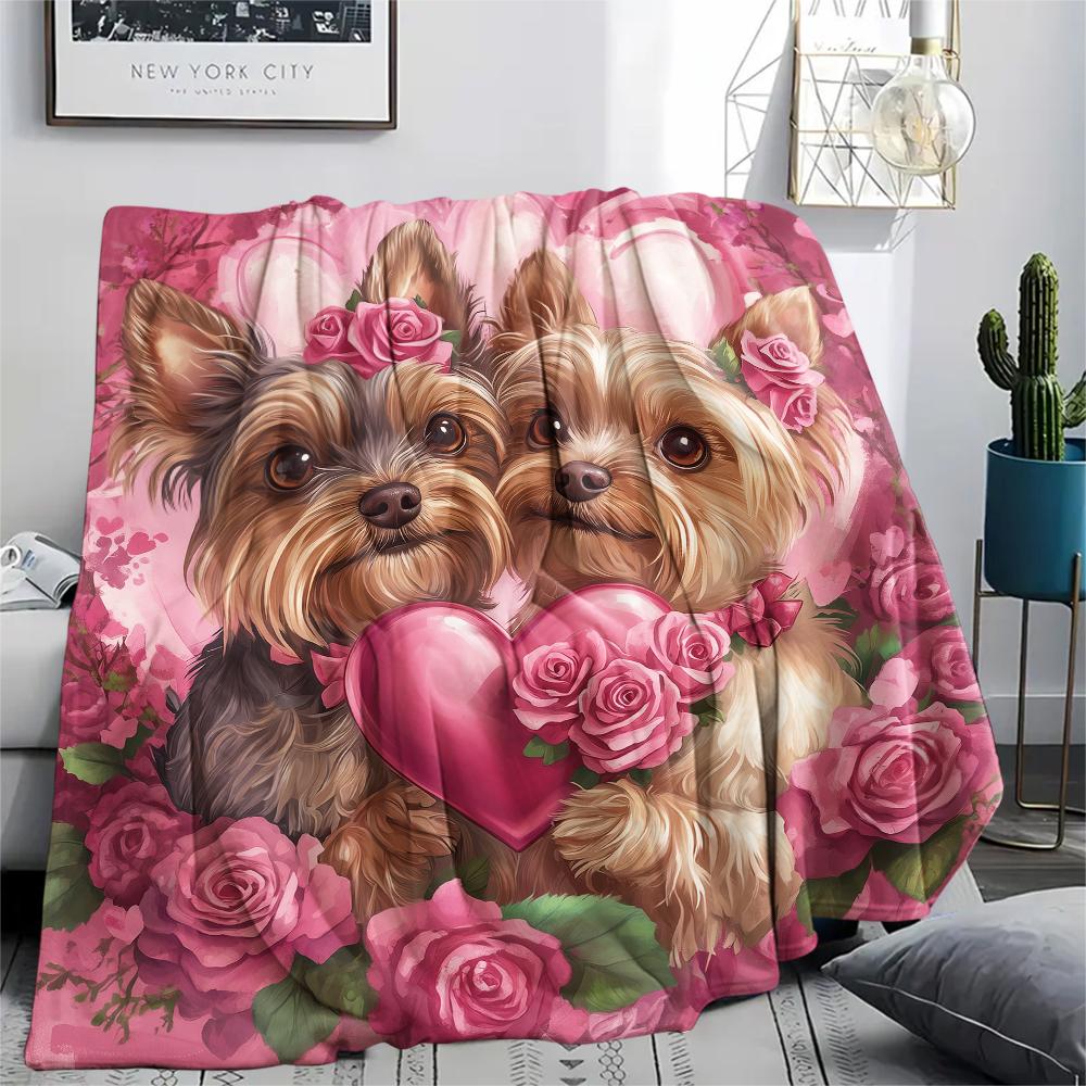 Yorkshire Terrier and Hearts pattern Flannel Blanket, High quality Comfortable for All Seasons, Home Decor, Warmth and Comfort, Perfect for Gifts.