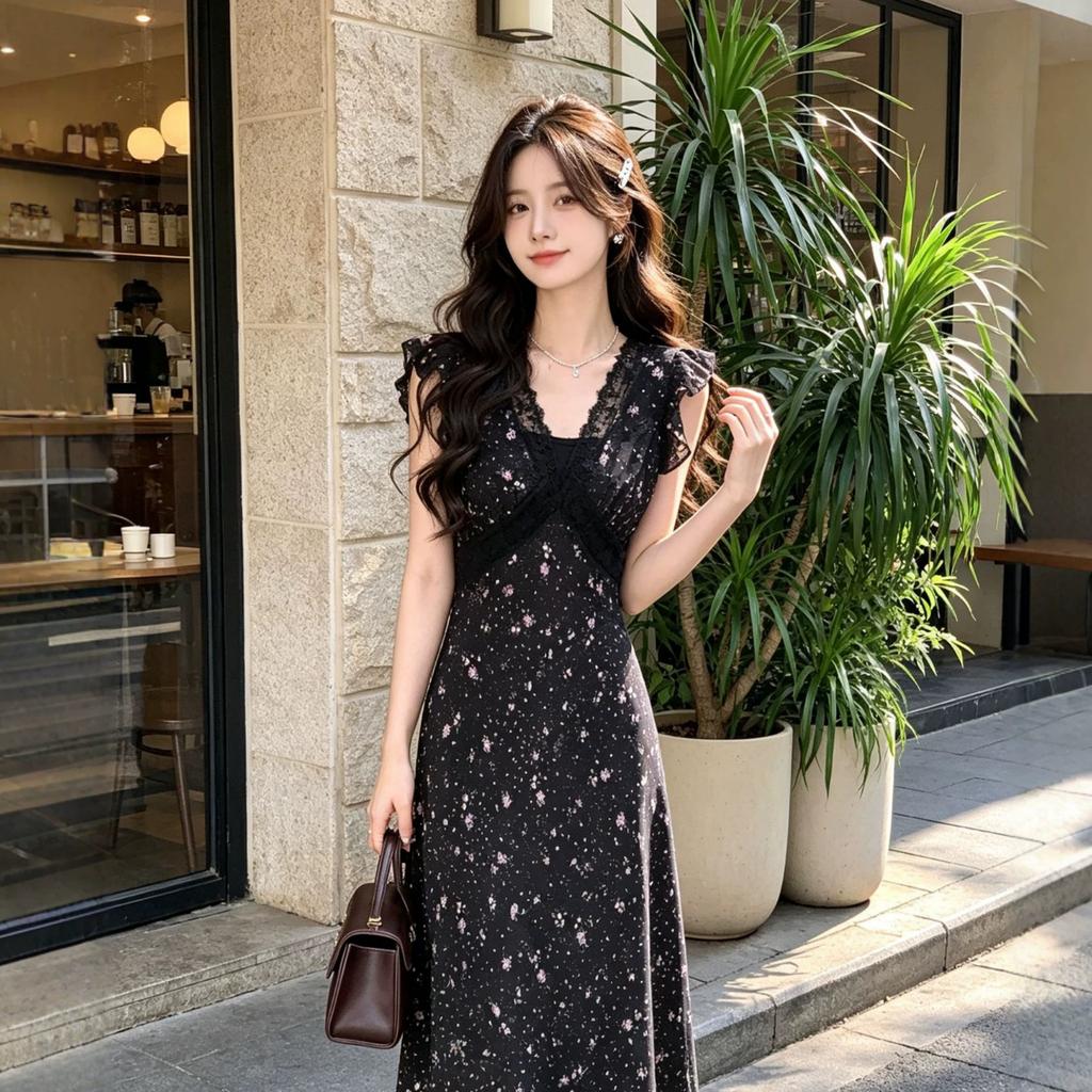 Summer new French black lace splicing floral dress temperament thin long dress holiday style