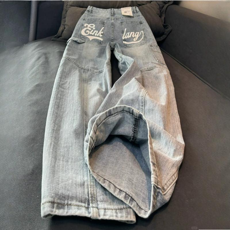 

Женские джинсы с высокой посадкой, принтом букв, вареные, широкие штанины, мода Харадзюку, простые, универсальные, свободные, повседневные джинсовые брюки XXXXL синий