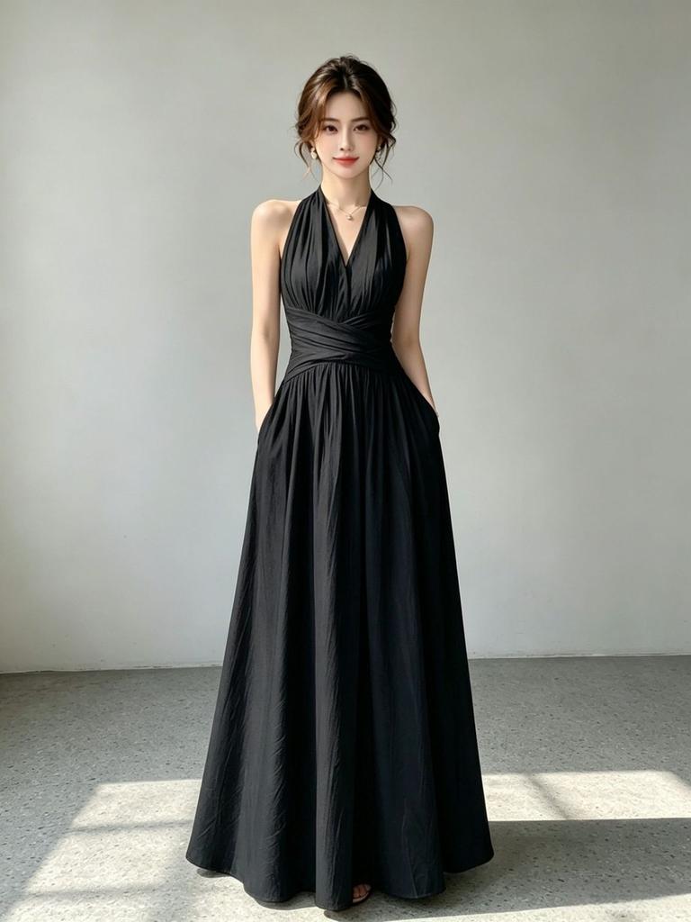 French sleeveless super large swing skirt women's summer new V-neck waist travel waist thin solid color dress