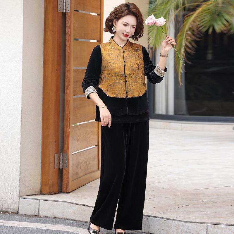 

Golden Velvet Jacquard Vest & Pants Set for Middle-Aged Mothers - Spring/Autumn Style 4XL [Recommended 135-145 jin]