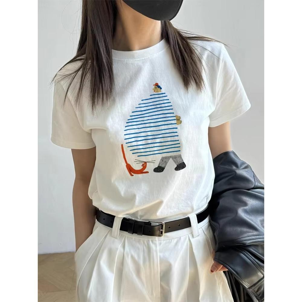 Funny Cartoon Print White T-shirt Women Summer 2025 New 100% Cotton Korean Style Short Sleeves Loose Tee Y2k Tops Female Clothes