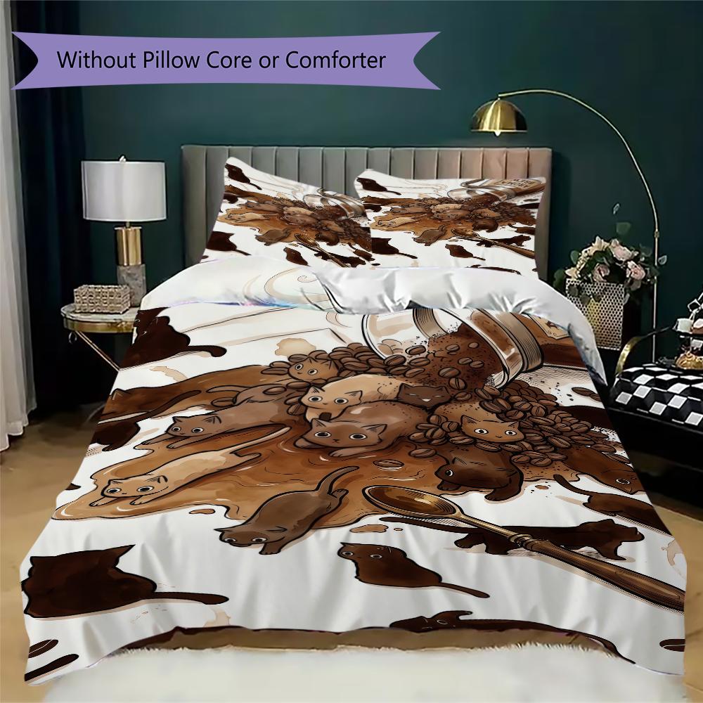 Coffee Black Cat Pattern Bedding Uilt Set Uilt Cover Pillowcase Home Decoration Birthday Gift (1 * Duvet Cover + 2 * Pillowcase Without Core)