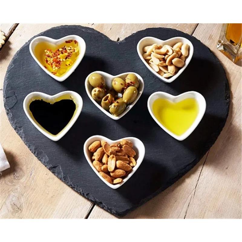 Black Solid Natural Slate Heart Shaped Dinner wedding Plate Barbecue Tray Cake Sushi Stone Dinner Cheese Pizza Flat Food Tray