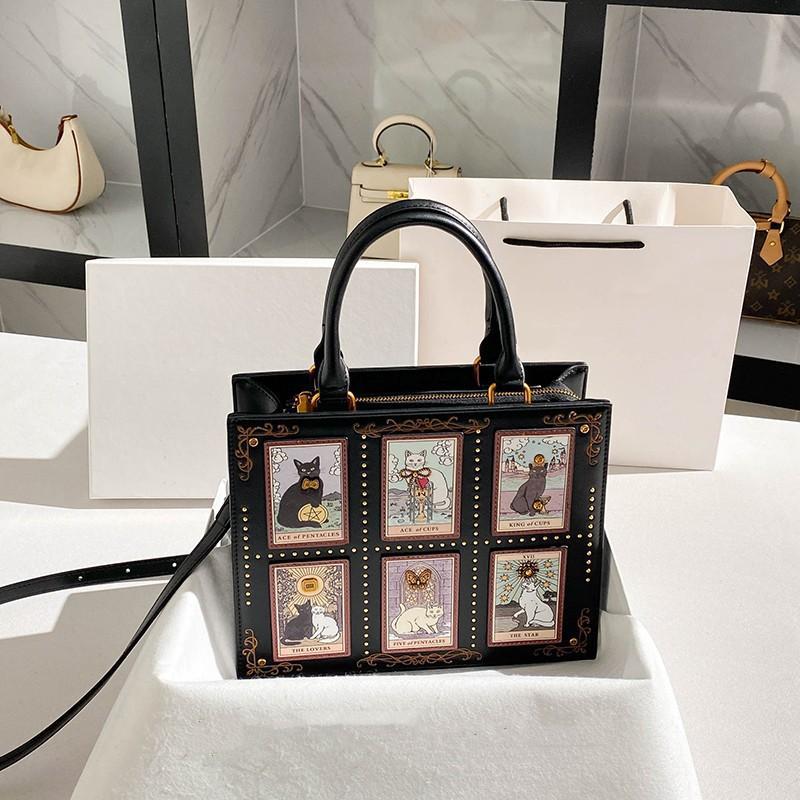 

Premium Retro Contrasting Cat Embroidered Rivet Handbag Large Capacity Tote чорний