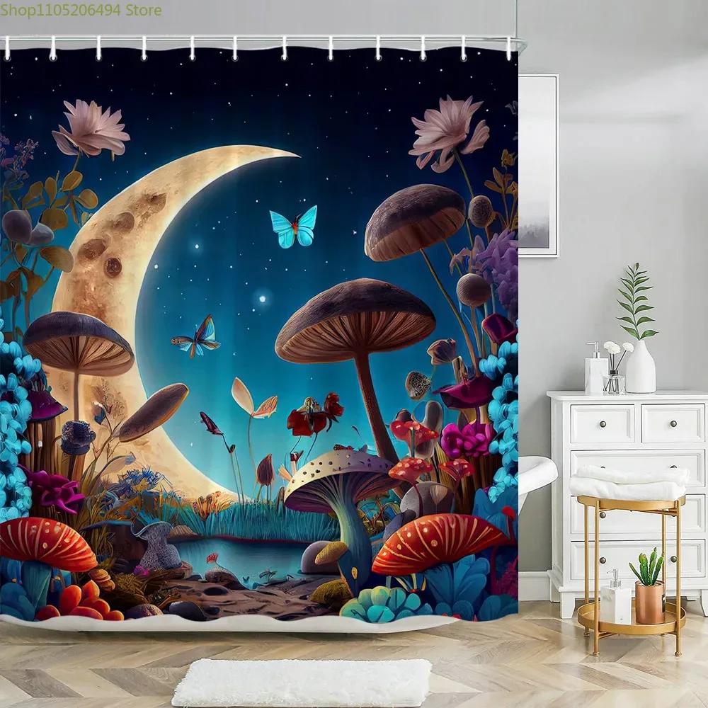 Fantasy Mushroom Shower Curtains Fairy Forest Tree Gothic Panel Jungle Green Zen River Bathroom Decor Shower Curtain With Hook