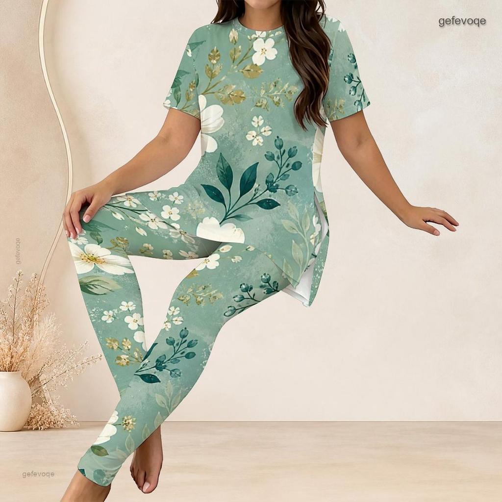 Women Plus Size Floral Printed Two Piece Set Round Neck Short Sleeve Light Green Fitted Long Pants Set