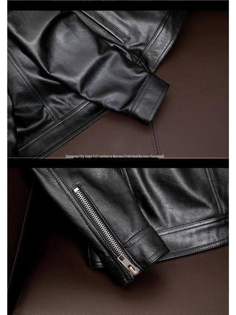 Men's Genuine Leather Turn-Down Collar Jacket - Short Style Cowhide Texture with Cotton, Plus Size - Ideal for Autumn & Winter