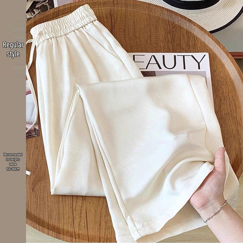Women's Small Silky Wide-Leg Pants, Summer Eight-Point Length, Thin & Draped Texture