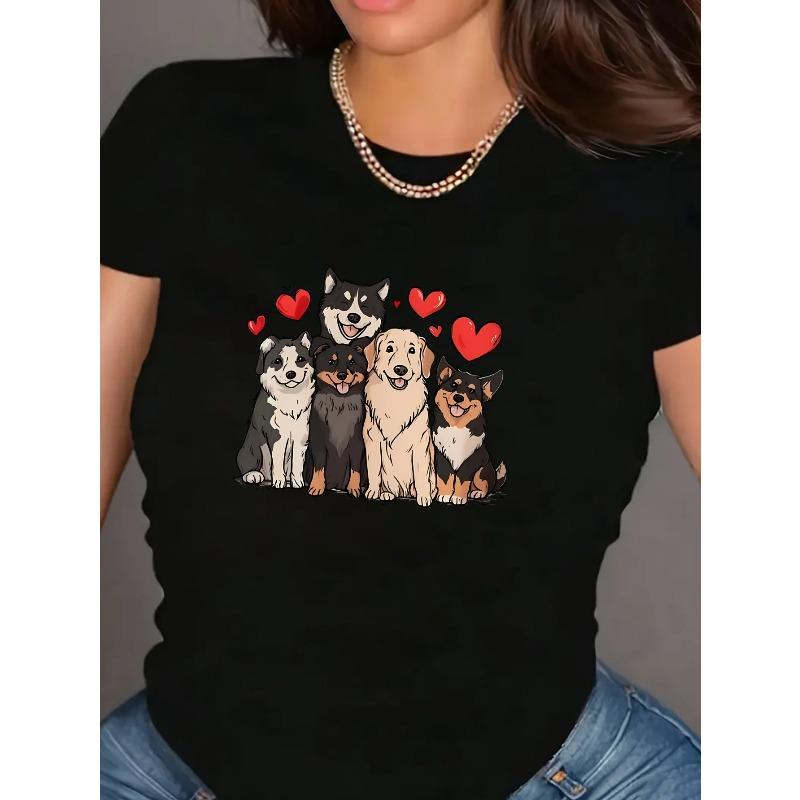 European sizes Women'S Casual Short-Sleeve T-Shirt with a Fashionable Round Neck And a Valentine'S Day Puppy Print.