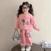 Girls Spring Autumn Dachshund Print Sweet Collar Sweatshirt and Pants Set