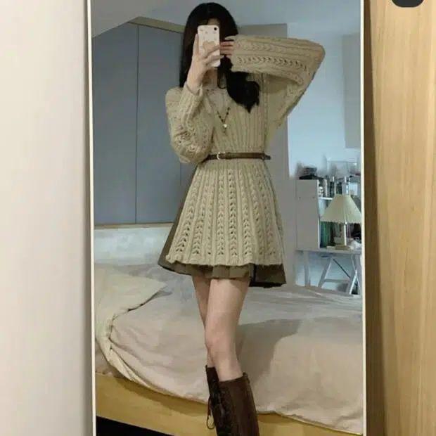Two-Piece Elegant Cardigan & High-Waisted Pleated Skirt Set for Women