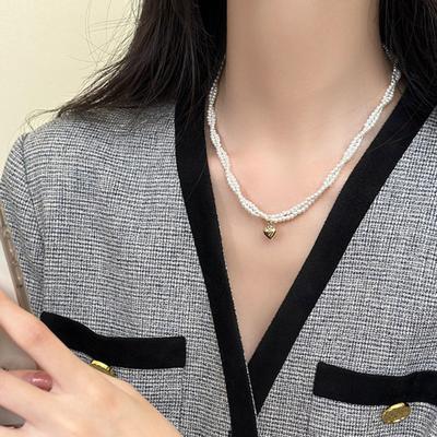 Colier Choker Elegant Strat Dublu Stivuit Perle Faux Pendant Inima Colier Femei
