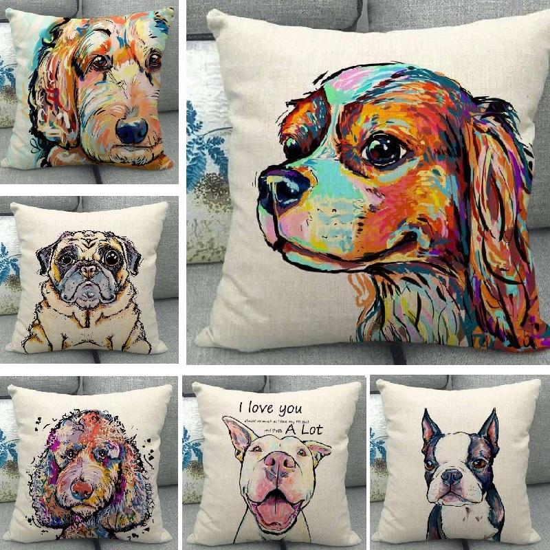 Lu Xika Chen Unisex Bulldog Pugs Patterns Linen Cushion Cover Bull Terrier Dog Style Home Decoration Living Room Sofa Throw Pillows Case 45X45cm