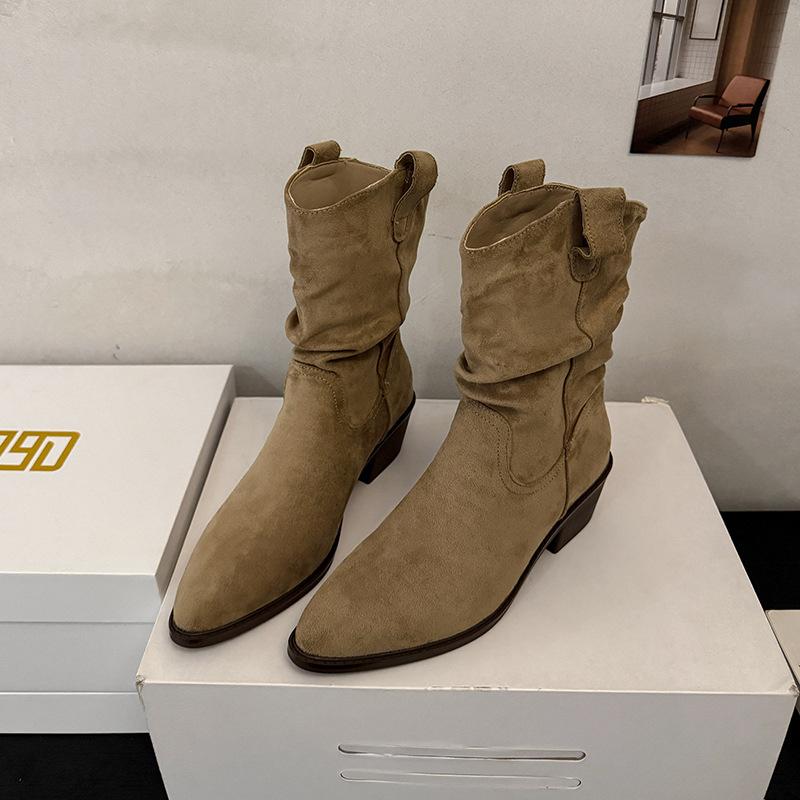 Coarse Heel Medium Tube Pleated Piled Boots Women's 2025 New Autumn Maillard Western Cowboy Boots One-pedal Knight Boots