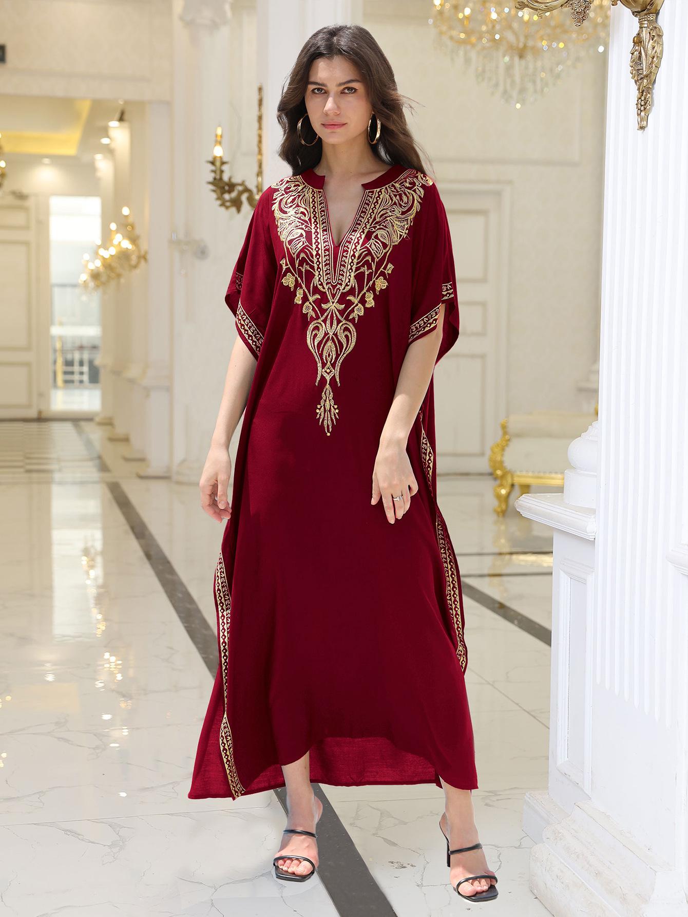 

Женская свободная длинная пляжная накидка: Районная вышивка Бикини Солнцезащитная накидка One Size темно-красного