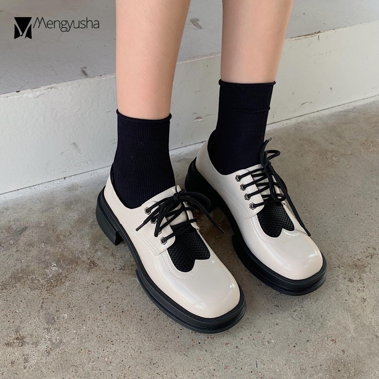 Лоскутные сетчатые туфли-оксфорды женские мокасины с квадратным носком на толстом каблуке — фото 3