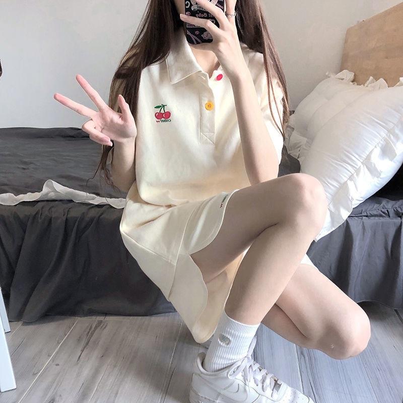 Women 2 Piece Outfits Cherry Embroidery Polo Shirt + Shorts Set Casual Tracksuit