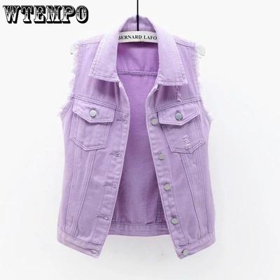 WTEMPO Multicolor Gilet Denim Casual da Donna Moda Primavera Estate Versatile Slim Bordo Grezzo Strappato Senza Maniche Cappotti Corti