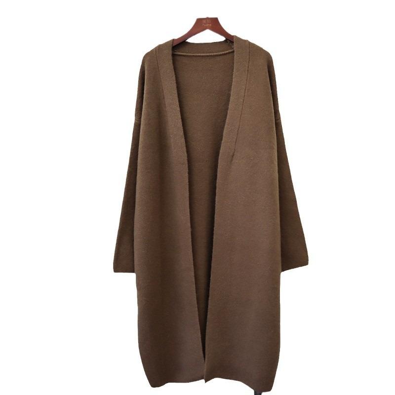 Long over-knee knitted cardigan autumn and winter new loose lazy style solid color temperament sweater jacket women