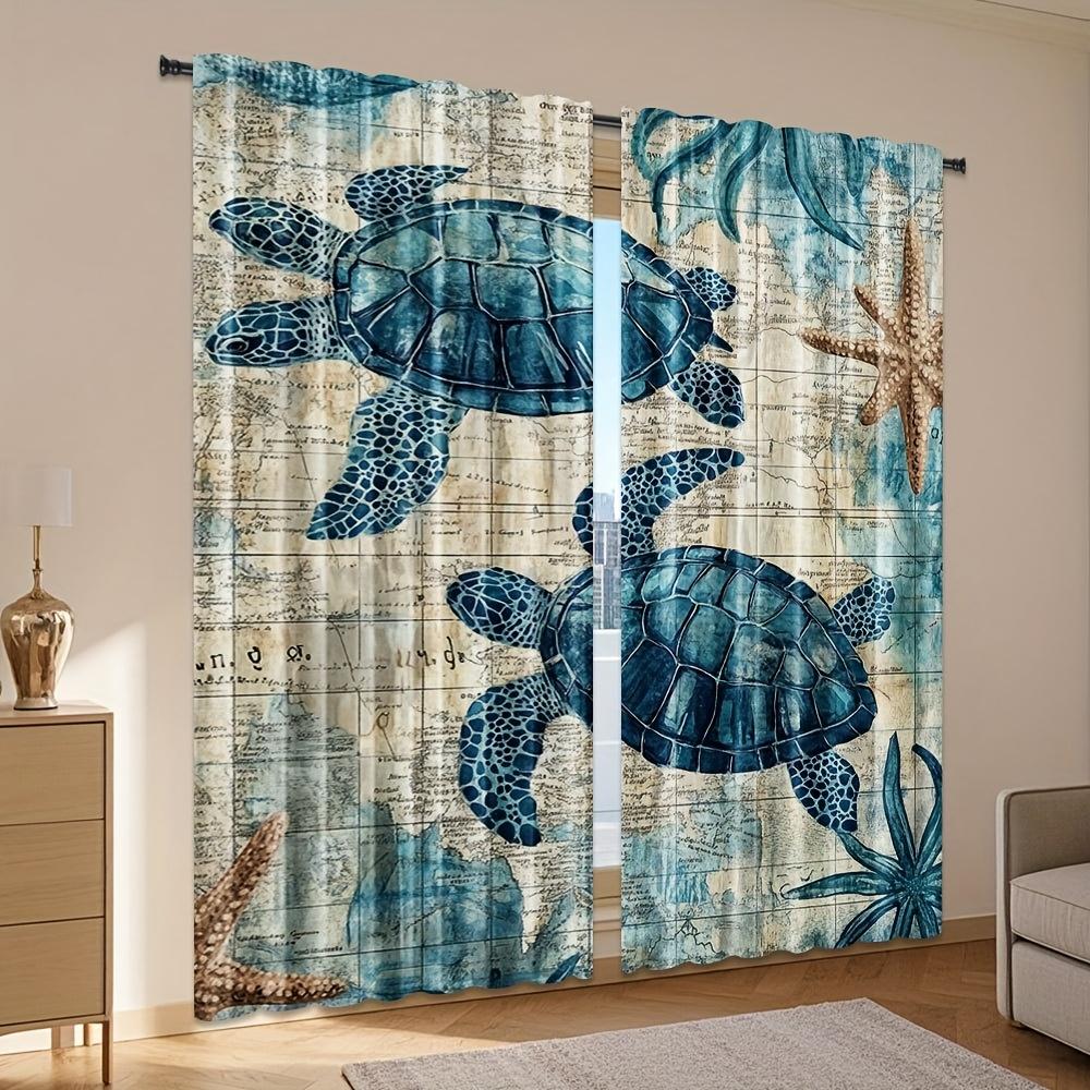 2pcs, Nautical Green Sea Turtle Curtains, Beach Theme Fabric Set with Blue Ocean Design, Ideal for Enhancing Coastal and Beach