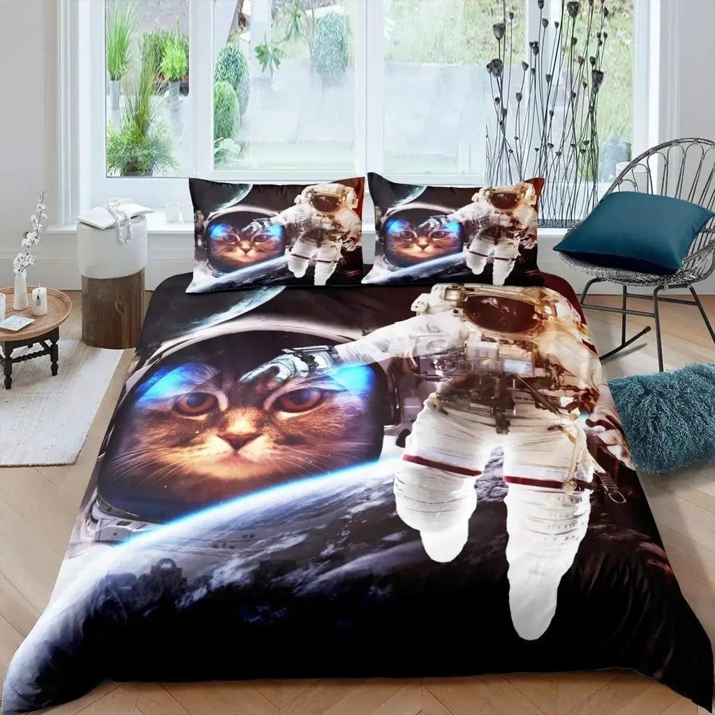 Comforter Galaxy Cat Girls 3D Digital Cat Bedding Set Galaxy Colorful Cat Starry Sky Comforter Lover