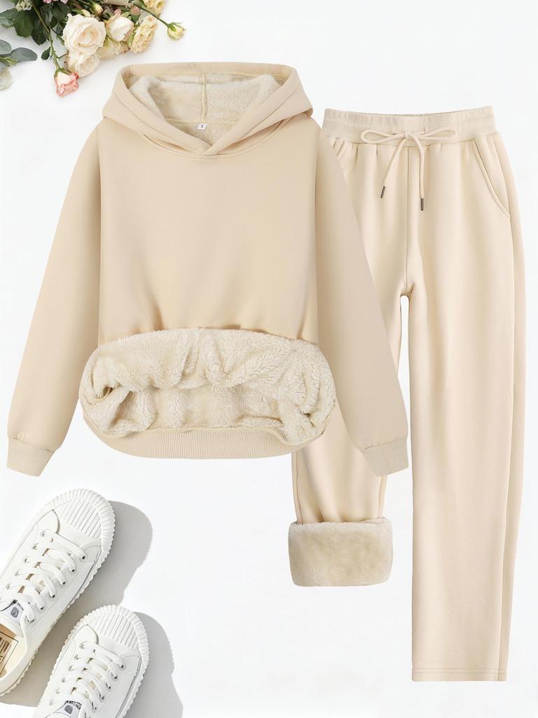 Trendy Winter Lambswool Hooded Sweatshirt & Fleece Lined Straight Leg Sweatpants Set