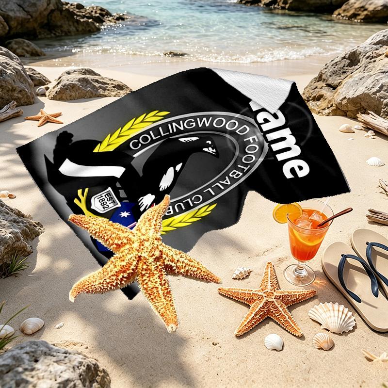 Personalisierbares Strandtuch mit individuellem Namen und Collingwood Magpies Print, für Reise, Camping, Strandparty, Heimdekoration, Geburtstagsgeschenk für Familie & Freunde