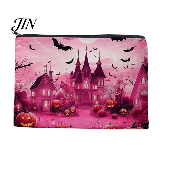 Festive Canvas Makeup Organizer Storage Bag, with Halloween Pumpkin Ghost Print, Smooth Portable Miscellaneous Item Bag Zipper for Travel Cosmetic