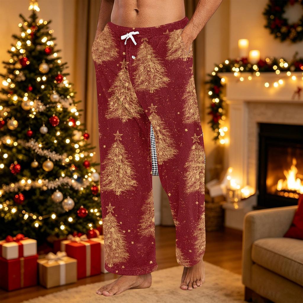 Men's Casual Christmas Print Plush Pajama Pants Sleepwear for Holiday