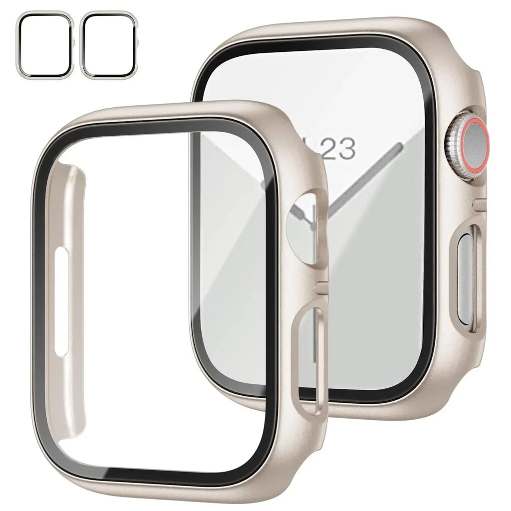 2PCS Tempered Glass+cover For Watch Case 44mm 40mm 42mm 41mm 45mm PC bumper Screen Protector iWatch series 9 8 7 6 5 3 se