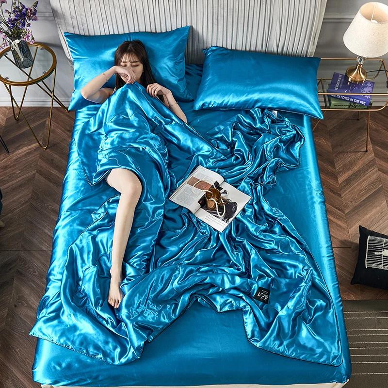 Luxury Emulation Silky Quilted Quilt Queen High End Spring Summer Satin Quilts Mechanical Wash Soft Comfortable Thin Comforter