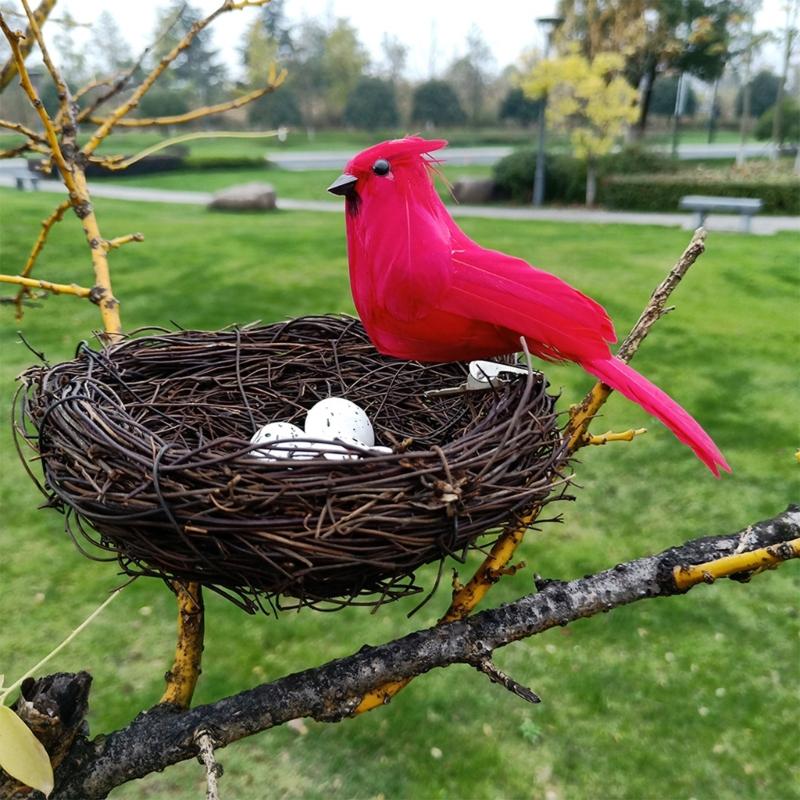 Realistic Artificial Woven Bird Nest Basket With Foam Chick Figure And Eggs Indoor Outdoor Easter Celebration Decoration