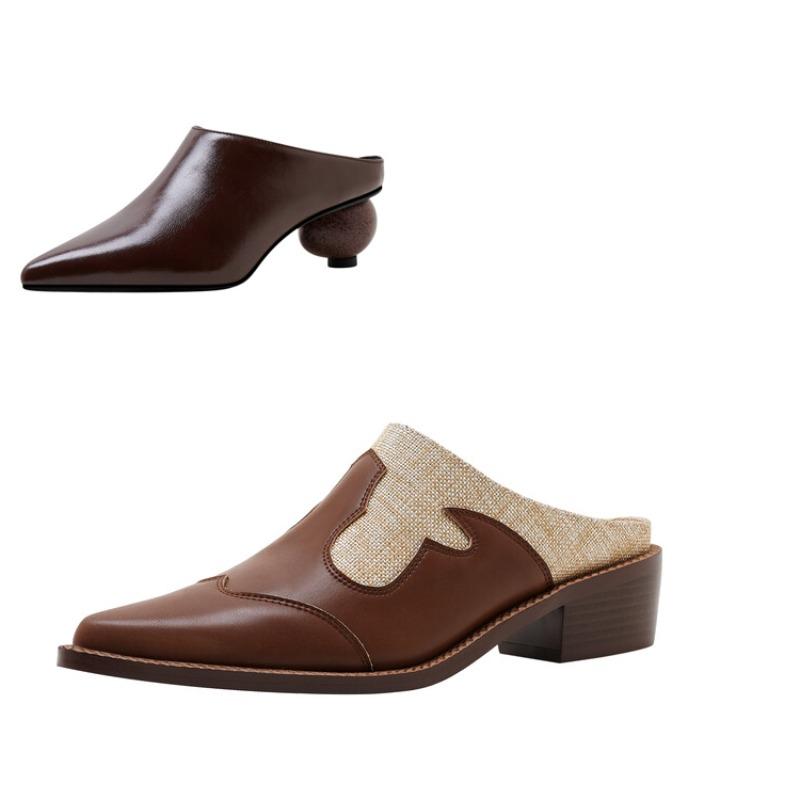 Moda Pelle Bovina Tacchi Spessi Ciabatte Nere Marroni Sandali alla Moda a Punta da Donna per Esterno Popolari Famosi su Internet Scarpe da Donna Taglia 43