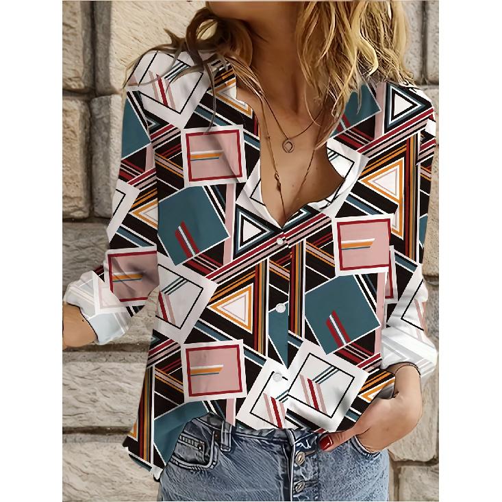 Spring and Autumn 3D Digital Print Women's Fashionable Collared Long Sleeve Casual Shirt