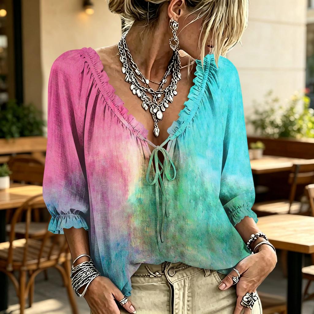 Women's V-Neck Plaid Print Blouse with Ruffle Trim and Tie Front