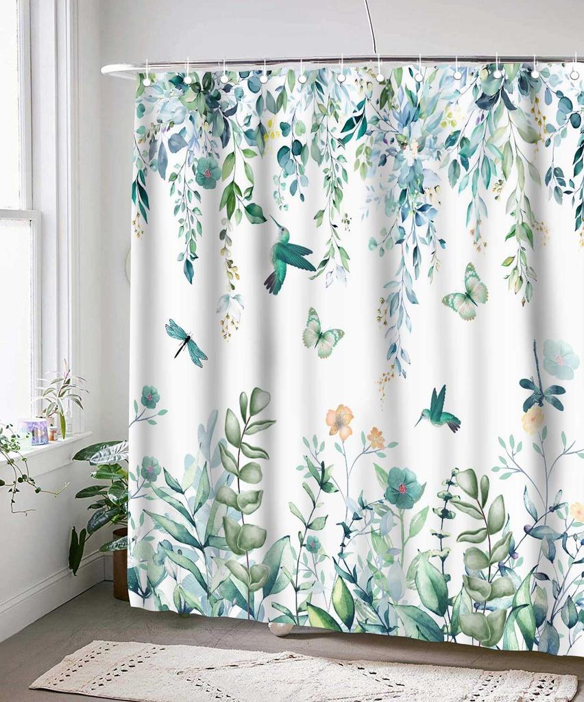 Teal Green Eucalyptus Leaves Shower Curtain for Bathroom Watercolor Floral Flower Bird Shower Curtains Hummingbird Butterfly