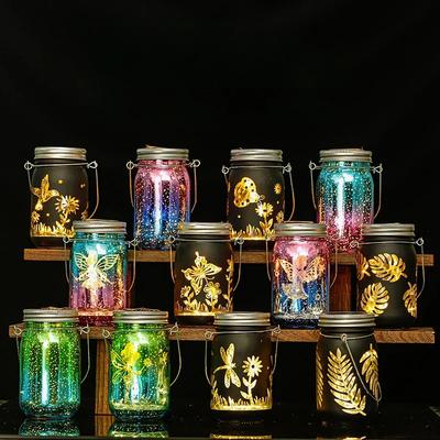 Mason Jar Lamp Hollowed-Out Glass Lights Waterproof Solar Lanterns Hanging Outdoor Pathway Party Garden Decorations