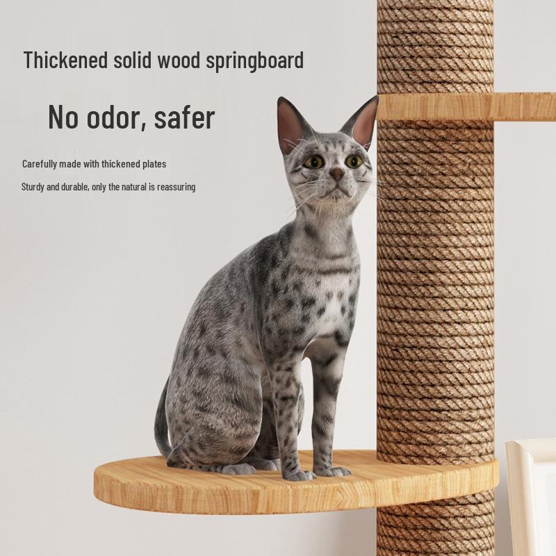 Boden-bis-Decke Katzenkratzbaum mit Raumkapsel & Kratzstamm, Massivholz, Vier Etagen, Katzenkletterspielzeug