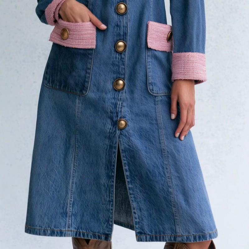 Elegant Vintage Tweed Trim Gold Button Split Denim Midi Dress