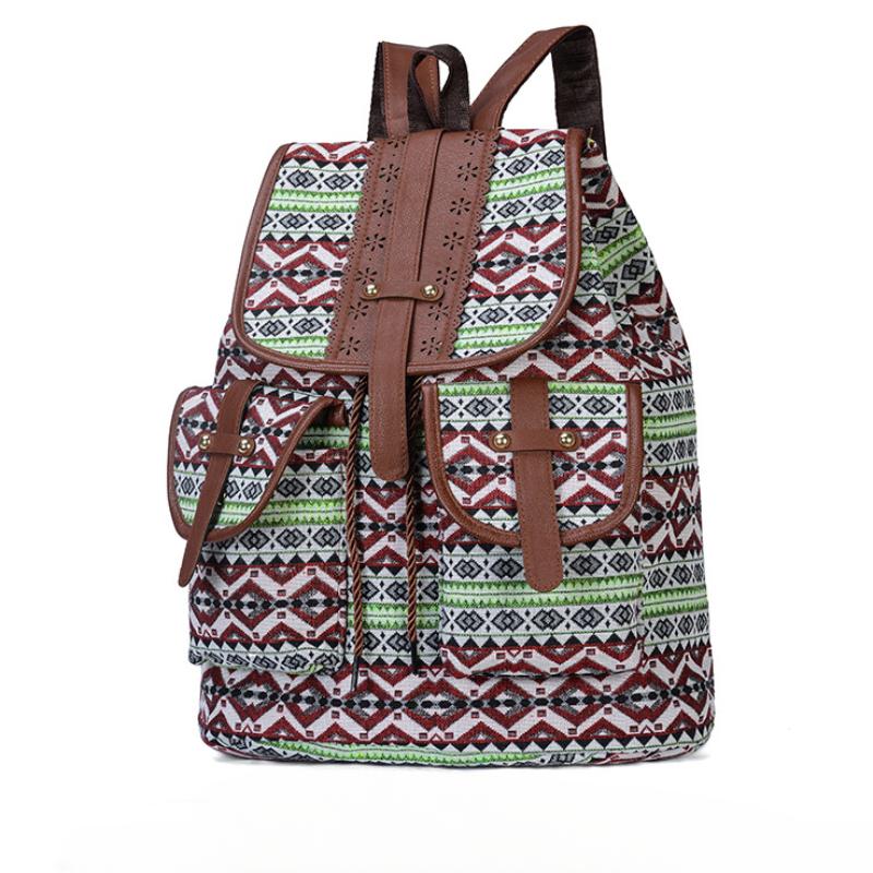 Ethnic Style Retro Women's Backpack Personalized Fashion Pattern Plaid Double Shoulder Bags Casual Large Capacity Drawstring Female Travel Rucksacks