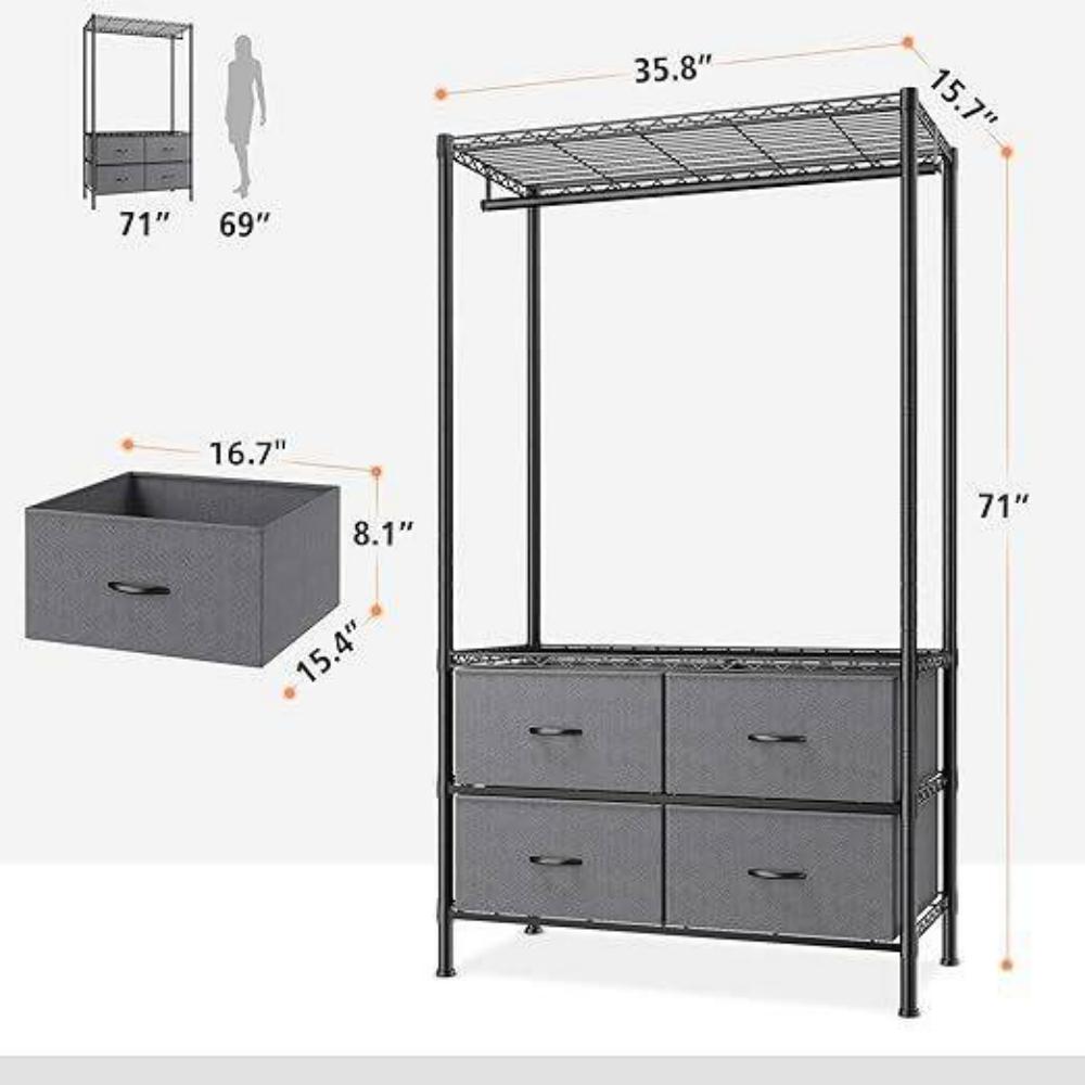 Heavy Duty Rolling Garment Rack Adjustable Wire Shelving with Rod, Storage Closet Clothing Rack with 4 Drawers Dark Grey