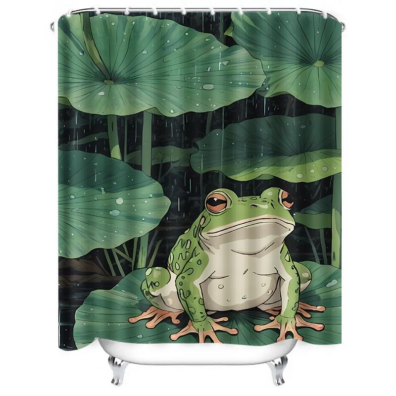 Frog on Lotus Leaf Design Waterproof Shower Curtain Heat Resistant Machine Washable Non-Transparent 180x180cm