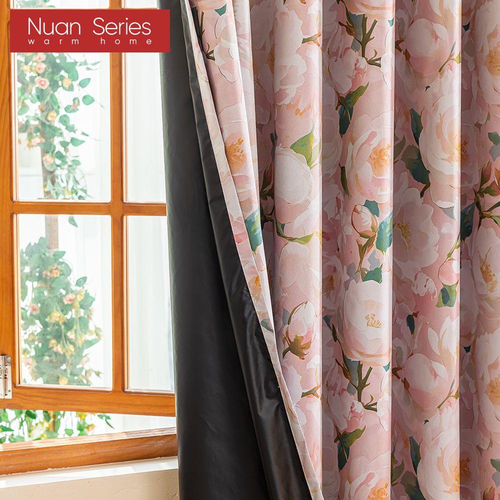1 Stück Nuan Serie Französischer Landhausstil Verdunkelungsvorhänge Rosa Kamelien-Druck Vorhänge für Schlafzimmer Wohnzimmer Balkon Fenster für Heimdekoration