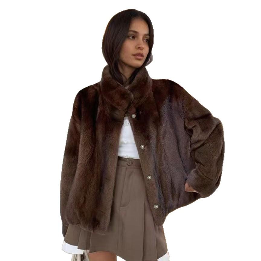 Gold mink imitation fur jacket loose stand-up collar women's wool sweater short warm spring autumn and winter three-season coat