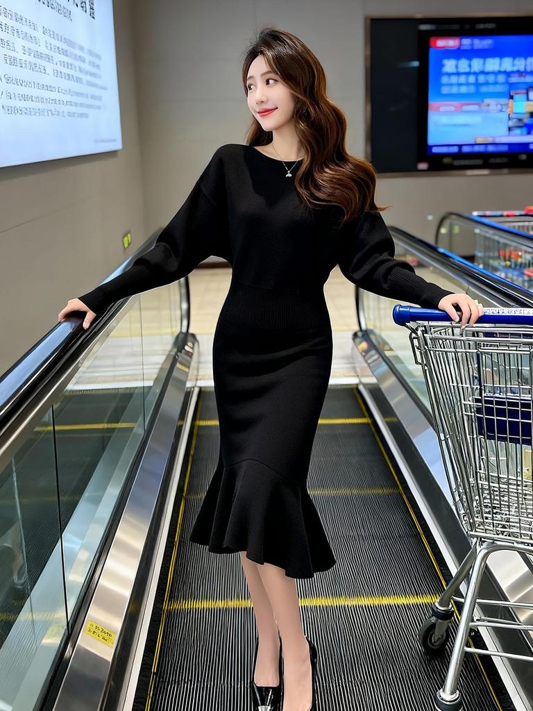 Elegant Black Mermaid Skirt Dress: Women's Long Sleeve, Over-the-Knee Knitted Style